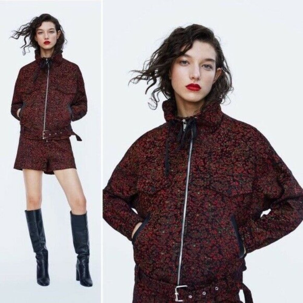 ZARA Women's Size Medium Red/Black Leopard Animal Print Zip Moto Bomber Jacket